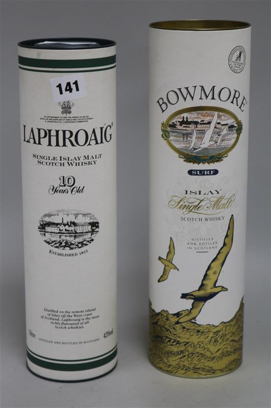 A Laphroaig 10 years old single Islay Malt whisky (1 litre), and a similar bottle of Bowmore Surf Islay Single Malt